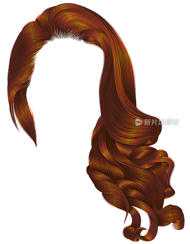时髦的女性长卷发假发红色姜红色的颜色，复古风格。美丽时尚。现实的3 d。
